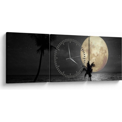 Obraz - Pláž za splnu v šedých tónoch (s hodinami), trojdielne 90x30 cm s hodinami