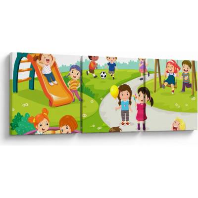 Obraz detských radovánok na pieskovisku, trojdielne 150x50 cm