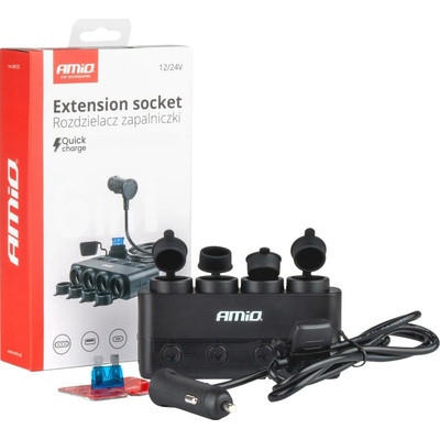 Štvornásobná predlžovacia zásuvka PD30W QC3.0 12/24V max 216W AMIO-04175