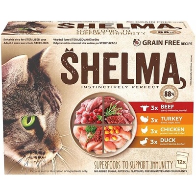 SHELMA Cat kuracie hovädzie kačacie a morčacie 12 pack 85 g