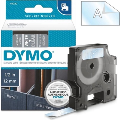 Páska Dymo D1, 12mm (45020) průhledná, bílý tisk, 7m