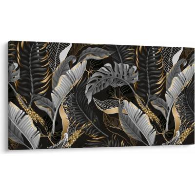 Obraz - Tropické listy v čierno-zlatej, jednodielne 120x70 cm