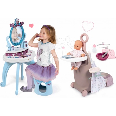 Smoby Set přebalovací kufřík s postýlkou a židlí Natur Baby Nurse a kosmetický stolek Frozen se židlí