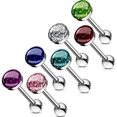 Šperky eshop piercing z chirurgické oceli rovná činka s epoxidovou glazurou a glitry O09.11 zelená