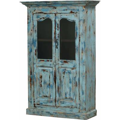 Sanu Babu Prosklená skříň z teakového dřeva, tyrkysová patina, 111x43x168cm