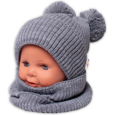 Baby Nellys Zimná pletená čiapka + nákrčník sivá s brmbolcami