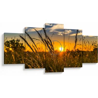 Obraz pole pri západe slnka (s hodinami), päťdielne 150x80 cm s hodinami