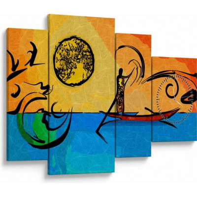 Obraz starověké malby (s hodinami), Čtyřdílný 110x75 cm s hodinami
