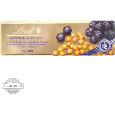 Lindt Zlatá tabulka mléčná s oříšky a rozinkami 300 g