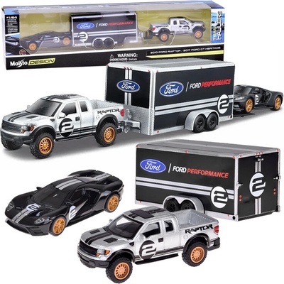 Maisto kovový set FORD Raptor s prívesom a FORD GT Heritage 1:64