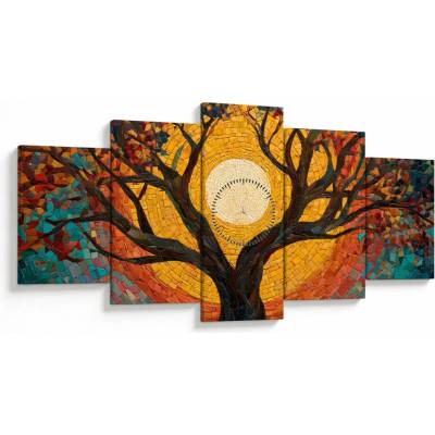 Obraz - Slnko v korune stromu života (s hodinami), päťdielne 150x80 cm s hodinami