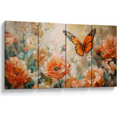 Obraz - Motýľ a kvety, olejomaľba, štvordielne 160x80 cm