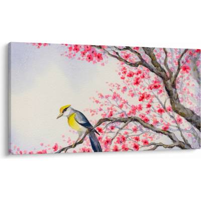 Obraz - Vtáčik na strome s červenými kvetmi, jednodielne 120x70 cm