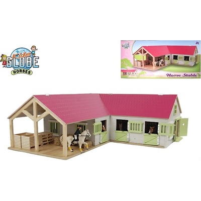 Kids Globe 610210 Horses stáj pro koně dřevěná růžová rohová 68x77x27cm v krabičce 1:24