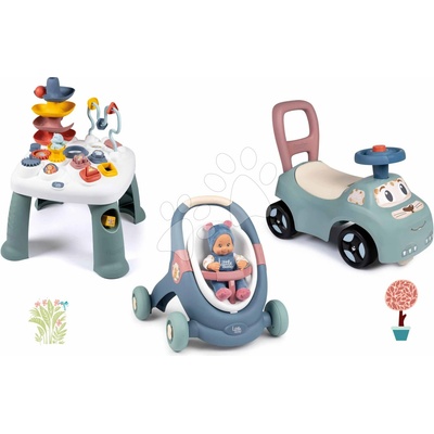 Set didaktické chodítko a kočárek se stolkem Baby Walker 3v1 + Baby Doll Little Smoby s panenkou 30 cm a odrážedlo