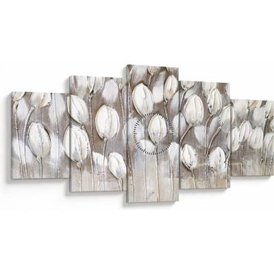 Obraz - Strukturované tulipány (s hodinami), pětidílný 150x80 cm s hodinami