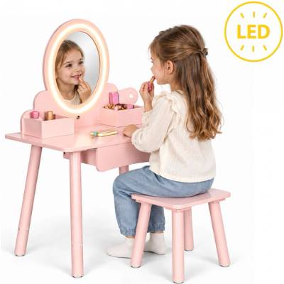 ECOTOYS Drevený detský toaletný stolík so zrkadlom, LED osvetlením, zásuvkou, stoličkou a 6 doplnkami, ružový