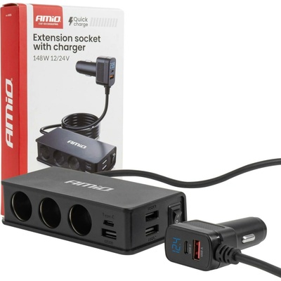 Predlžovacia zásuvka s nabíjačkou 3xUSB-A a USB-C QC 3.0 PD 148W AMiO-04836