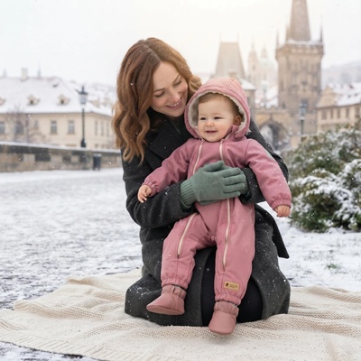 Monkey Mum® Dětská zimní softshellová kombinéza s beránkem Růžová ovečka v lese