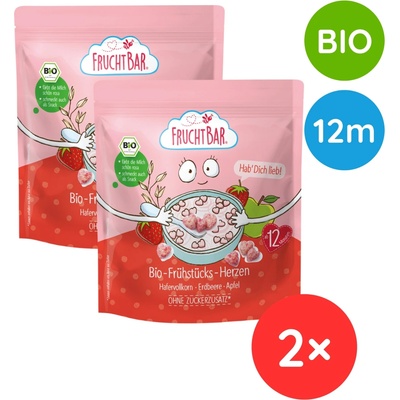 FruchtBar BIO cereálie srdiečka s jahodami, hroznovým vínom a jablkom 2× 125 g