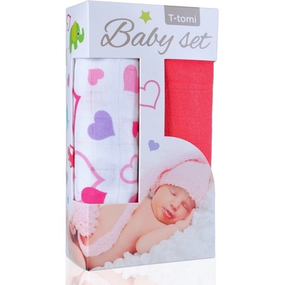 T-TOMI Baby set bambusová osuška hearts / srdíčka pink / růžová
