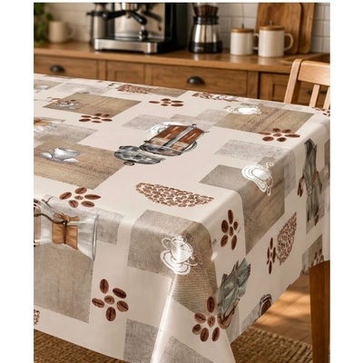 Obrus PVC MIS417, metráž, 20 m x 140 cm, zrnká kávy s hrnčekmi, IMPOL TRADE