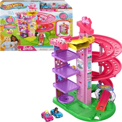 Mattel Barbie Velká závodní dráha s výtahem Hot Wheels Raceverse 2 autíčka 47 Cm