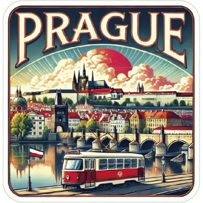Samolepka ČR Prague s hradom a električkou 6,2 x 6 cm - farebná