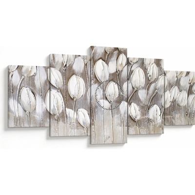 Obraz - Štruktúrované tulipány (s hodinami), päťdielne 150x80 cm s hodinami