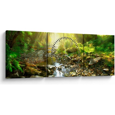 Obraz rieky v zelenom lese (s hodinami), trojdielne 90x30 cm s hodinami