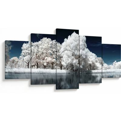 Obraz - Snehobiele stromy (s hodinami), päťdielne 150x80 cm s hodinami