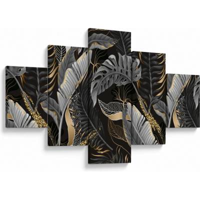 Obraz - Tropické listy v čierno-zlatej, päťdielne 125x70 cm