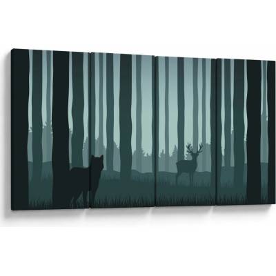 Obraz - Jeleň s vlkom v skalách, štvordielne 160x80 cm