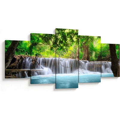 Obraz - modrý vodopád (s hodinami), päťdielne 150x80 cm s hodinami