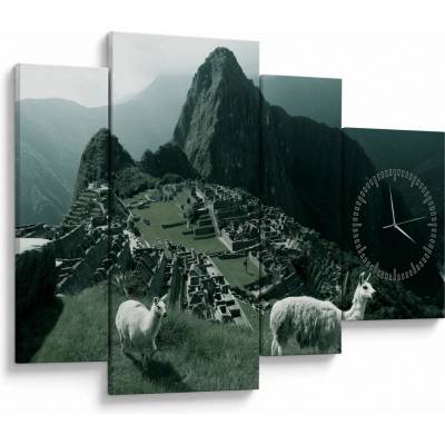Obraz - Lamy na Machu Picchu v Peru (s hodinami), Čtyřdílný 110x75 cm s hodinami