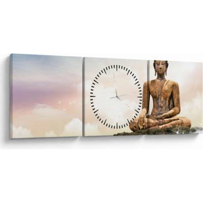 Obraz - Budha dozerajúci na zemi (s hodinami), trojdielne 90x30 cm s hodinami