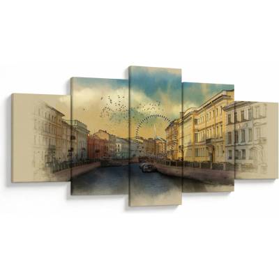 Obraz - Moyka rieka, Petrohrad, Rusko (s hodinami), päťdielne 150x80 cm s hodinami