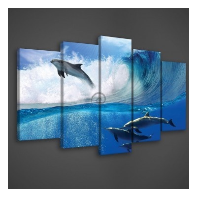 Obraz na plátne viacdielny - OB3409 - Delfín na vlne 100cm x 60cm - S17