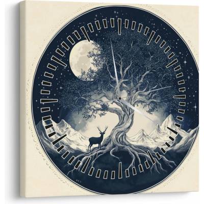 Obraz - Magický strom s jelenem I. (s hodinami), jednodílný 30x30 cm s hodinami