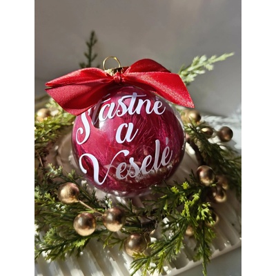 LEORA Vianočná guľa Šťastné a Veselé Variant: strieborný, Farba pierok: miíx, Farba písma: biele