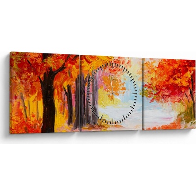 Obraz - Olejomaľba, farebná jeseň (s hodinami), trojdielne 90x30 cm s hodinami