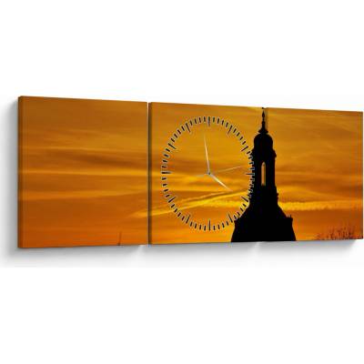 Obraz kostola pri západe slnka (s hodinami), trojdielne 90x30 cm s hodinami