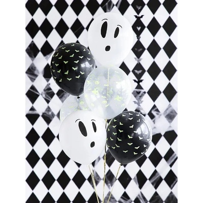 PartyDeco balónky černé a bílé Halloween svítící pod UV světlem