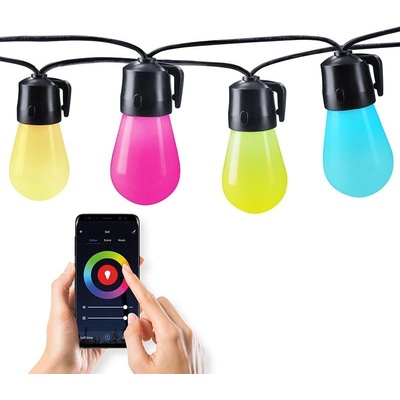 Solight LED smart venkovní řetěz s RGB žárovkami bluetooth 15 žárovek 14m+6m 10W