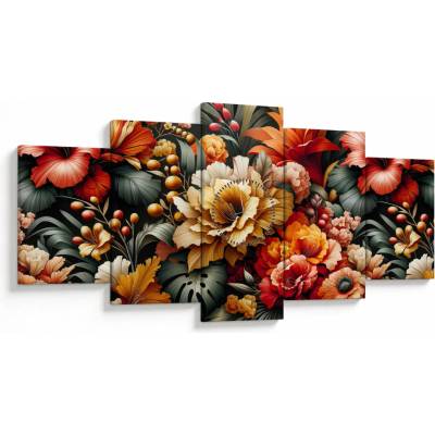 Obraz - Oranžovo-červené květy (s hodinami), pětidílný 150x80 cm s hodinami