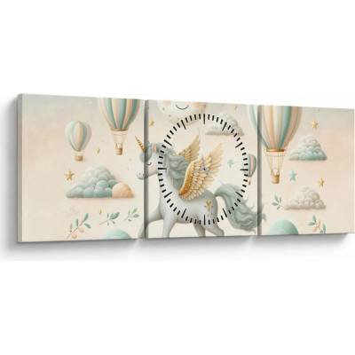 Obraz - Šťastný jednorožec (s hodinami), třídílný 90x30 cm s hodinami