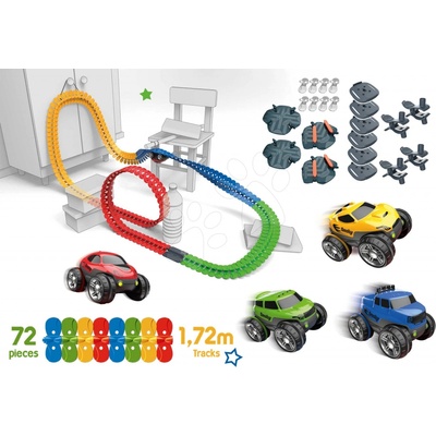FleXtreme Discovery Set flexibilná autodráha Set Smoby s 612 cm predĺženou dráhou 2 výhybky 2 fixácie a 4 elektronické autíčka