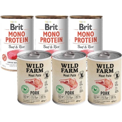 Brit Mono protein beef & brown rice 3 x 400 g & Wild Farm Bravčová paštéta 3 x 400 g