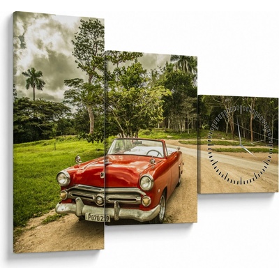 Obraz - auto veterán v prírode (s hodinami), trojdielne 90x70 cm s hodinami
