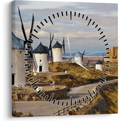 Obraz - Veterné mlyny Consuegra, Španielsko (s hodinami), jednodielne 30x30 cm s hodinami